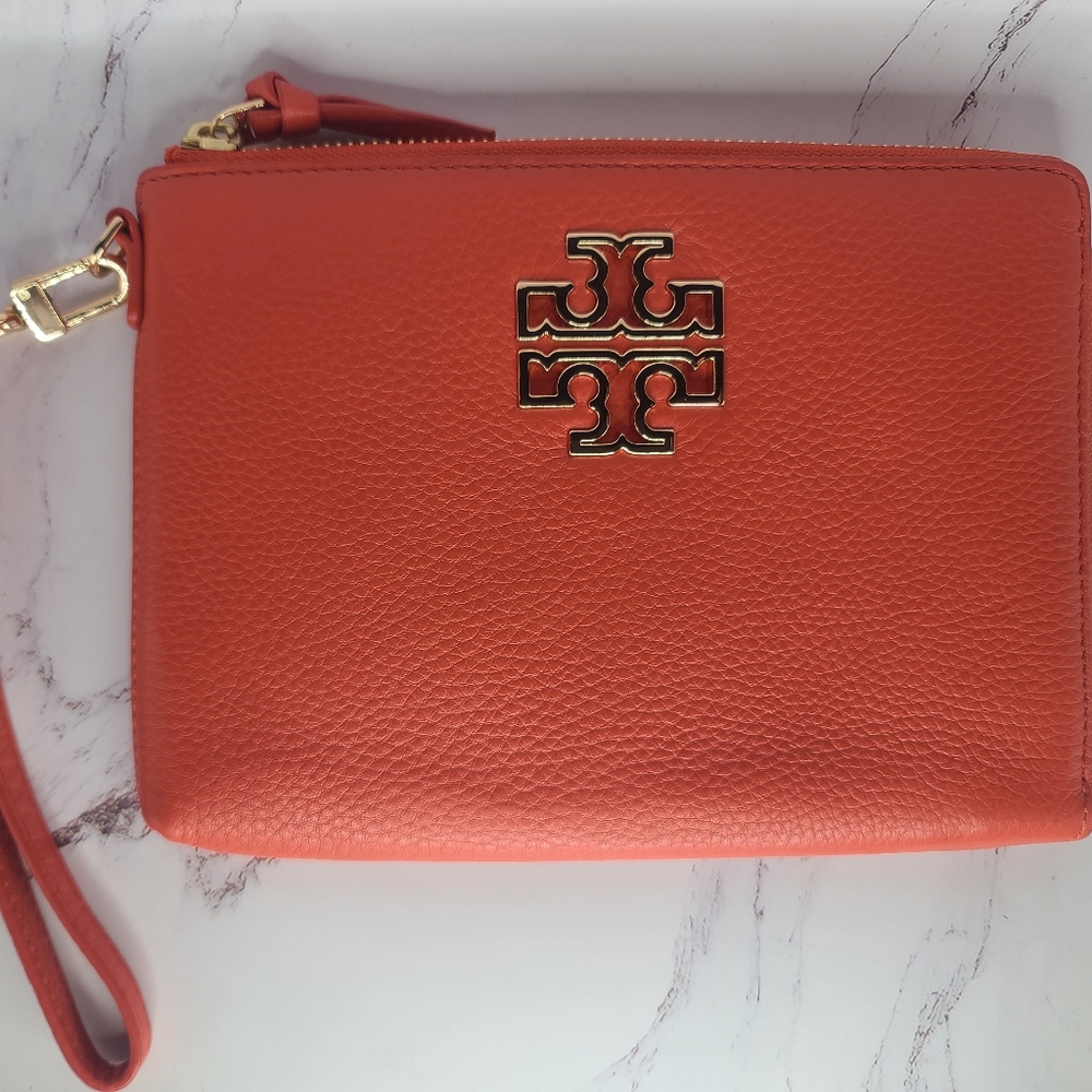 Tory Burch Orange Clutch Pebbled Leather Wristlet